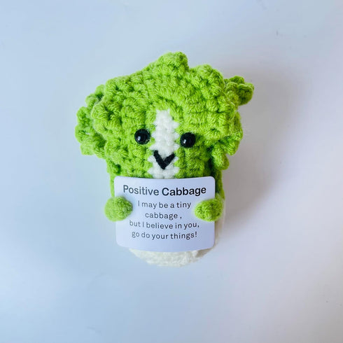 Positive Crochet Cabbage Doll Funny Knitted Toys with Positive Card, Emotional Support Cabbage Cute Creative Gifts for Friends Party Decoration En...