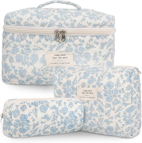 3Pcs Cotton Quilted Makeup Bag Large Travel Cosmetic Bag Coquette Makeup Pouch Cute Aesthetic Floral Toiletry Bag for Women Girls...