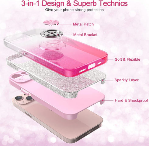 for iPhone 13 Case,Slim Glitter Sparkly Case with 360°Ring Holder Kickstand Magnetic Car Mount Shock-Absorbent Protective Sturdy Cover for iPhone ...
