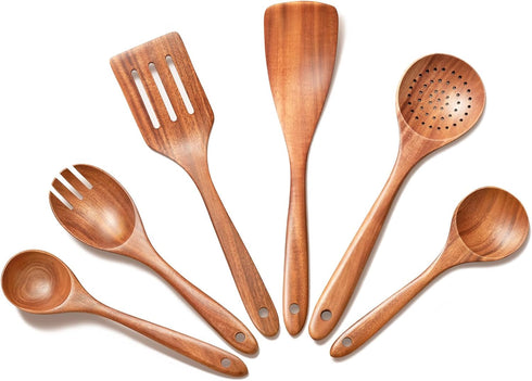 Wooden Utensil Set,Premium Teak Wooden Kitchen Utensil Set- 6 Piece Handcrafted, Wooden Kitchen Utensils Set for Cooking,Durable Cooking Utensils ...