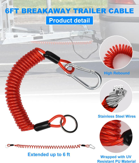 6FT Trailer Brake Away Cable, Trailer Breakaway Safety Cable Spring Towing Coiled Wire for RV Trailer Emergency Camper Breakaway Switch...