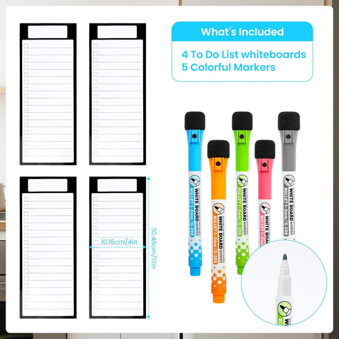 4Pcs Magnetic Note Pads, 4"x12" Memo Grocery List Whiteboard for Fridge, Shopping to Do List with 5 Markers and Eraser for Home Kitchen...