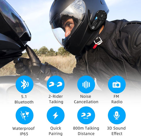 EJEAS Q2 Motorcycle Helmet Bluetooth Intercom, Motorcycle Bluetooth 5.1 Headset with Stereo Sound Effect and Quick Pairing Function for 2 Riders T...