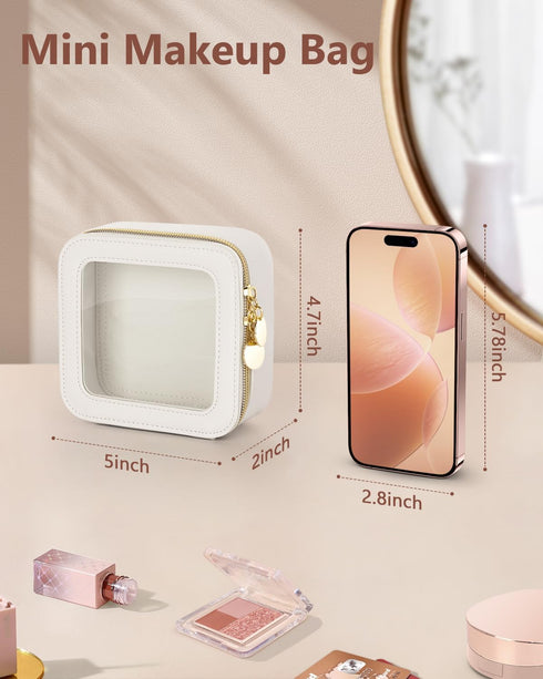 Mini Makeup Bag, Small Makeup Bag for Purse, Waterproof Clear Makeup bag, Leather Cosmetic Bag, Square Make Up Bag Pouch, Toiletry Bag for Travel,...