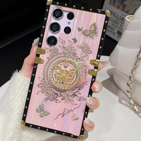 for Samsung Galaxy S24 Ultra Kickstand Case, Cute Luxury Glitter Bling Sparkly Diamond Butterfly with Ring Stand Floral TPU Bumper Shockproof Wome...