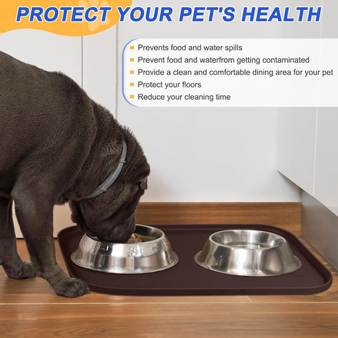 Silicone Pet Feeding Mat with Raised Edge, Dog Cat Bowl Mats for Food and Water, Pet Placemat for Floors Waterproof, 19” x 12” x 0.7” Brown...