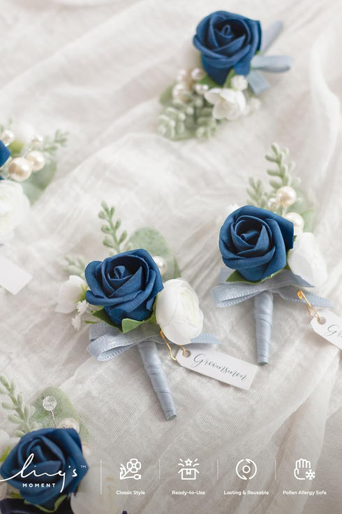 Ling's Moment Boutonniere for Men, 6pcs Groom Groomsmen Boutonniere, Artificial Flowers for Wedding Decor/Prom/Homecoming, etc.Navy Blue Dark Blue...