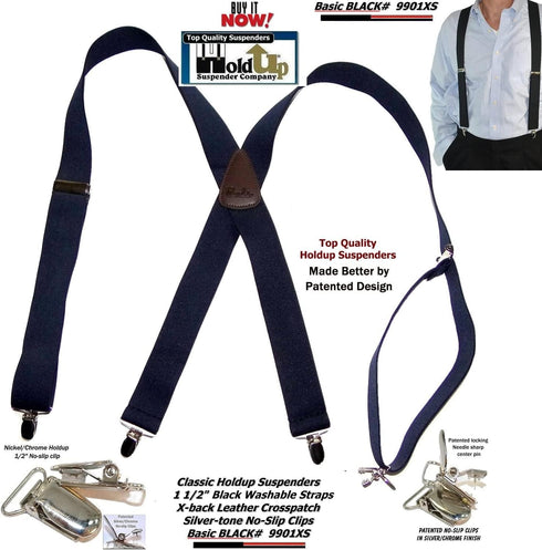 1 1/2" Wide Classic Series Holdups Suspenders for Men in X-back style w/USA Patented No-slip® Silver Clips...