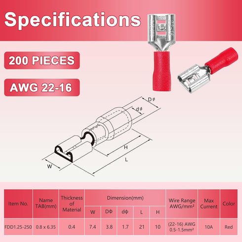 200 Pcs Red Female Quick disconnects Vinyl Insulated Spade Wire Connectors, Electrical Crimp Terminal 22-16 AWG (6.3mm)...
