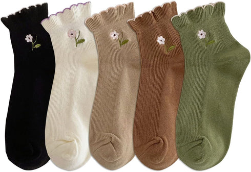 Women's Ruffle Frilly Rib Knit Crew Socks Floral Embroidery Scalloped Pointelle Casual Ankle Socks 5 Pairs...