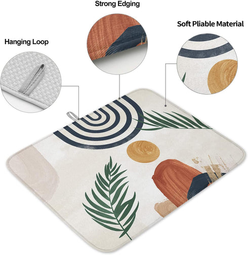 Kitchen Drying Mat for Counter Medieval Boho Tropical Leaf Absorbent Dish Mats Foldable Microfiber Drainer Pad Khaki Orange Mid Century Geometric ...