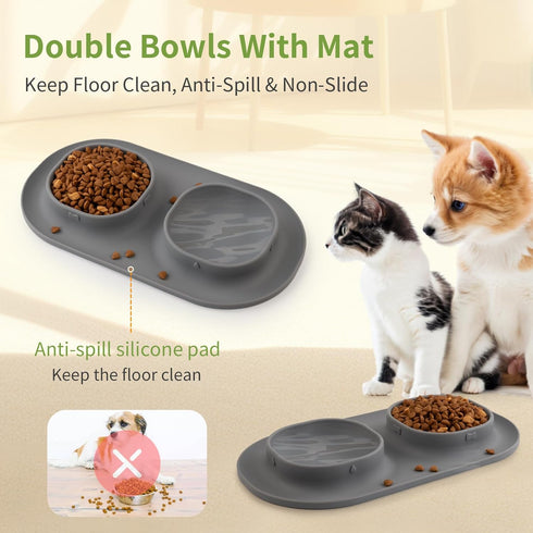 Dog Food Water Bowls for Puppy - Small Medium Dogs Feeder Bowl Mat No-Spill and Non-Skid Dog Dish Pet Feeding Station,Grey...
