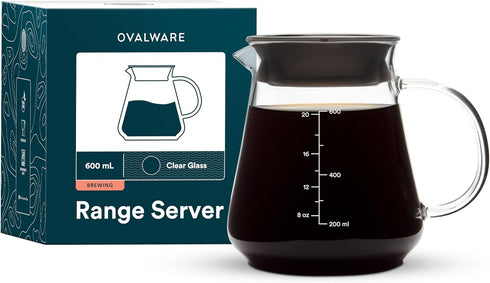 Glass Range Coffee Server For Pour Over Coffee & Tea - 600ml/20oz Ovalware Microwave Safe & Heatproof 2.5mm Thick Glass Body...