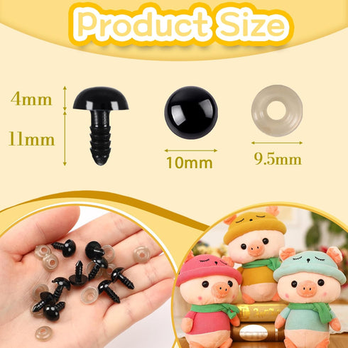 UPINS 600 Pieces 10MM Safety Eyes with Washers Black Plastic Safety Eyes for Amigurumi Doll Crochet Eyes for DIY Crafts Stuffed Animals Making Sup...