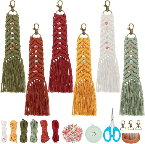 DIY 6 Set Personalized Macrame Keychain Kit Name Macrame Keychain for Boho Bag Car Key Purse Phone Wallet Charm with Tassels Cotton Cord Instructi...