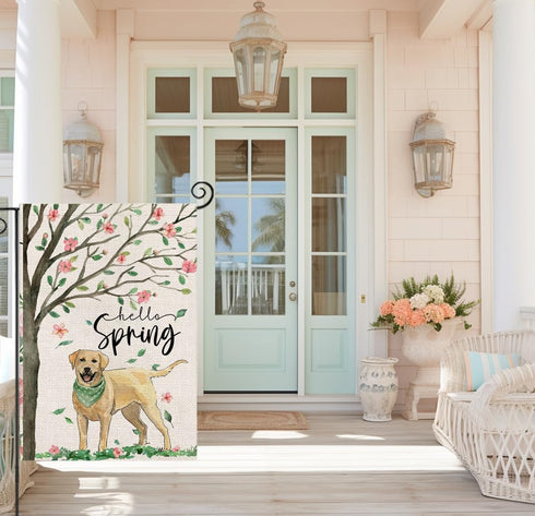 Hello Spring Dog Garden Flag 12x18 Inch Double Sided,Golden Retriever Under The Tree Small Yard Flag for Outdoor,Summer Seasonal Decors for Farmho...