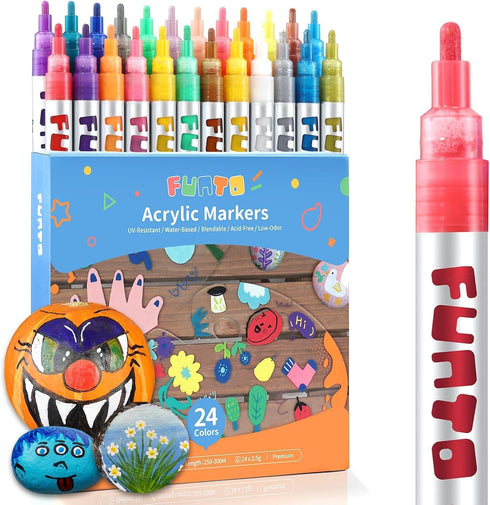 Funto Acrylic Paint Pens for Rock Painting, Fabric, Wood, Canvas, Metal, Ceramic, Glass, 24 Colors Paint Marker Set, Non-Toxic, Quick Drying...
