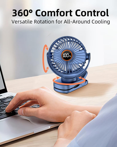 3.5" Rechargeable Clip On Fan, Small Portable Clip Fan With Strong Clamp Grip, 360° Rotation, 3-Speed & LED Display, Quiet Operating Desk Fan Idea...