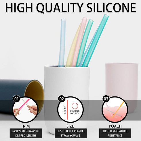 12 Pcs Eco Friendly Silicone Straws with 2 cleaning Brushes,Reusable Silicone Drinking Straws,for 20oz Tumblers,Yeti, Ozark, (Pure Multicolor, 7.8...