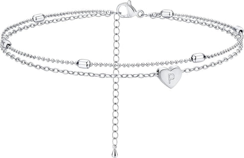 Tasiso Silver Plated Layered Initial Satellite Heart Anklet for Women Handmade Dainty Engraved Letter Beads Boho Ankle Bracelet Minimalist Beach J...