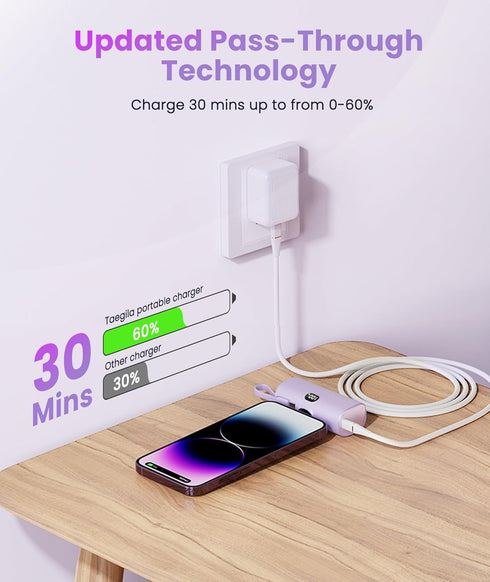 Mini Portable Charger for iPhone 15/14 Pro Max Builtin USB C Cable Power Bank Battery Pack Digital Display for iPhone/Samsung Galaxy Z Flip5/4/And...