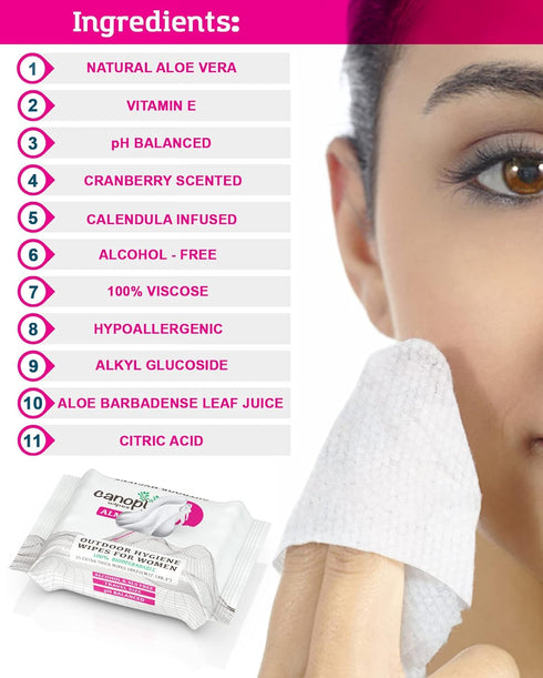 Hygiene Feminine Wipes - Canopy Wipes ALMA 100% Biodegradable, pH Balanced Body and Hand Cleansing Cloths for Women w/Aloe - Great Wet Wipes for W...