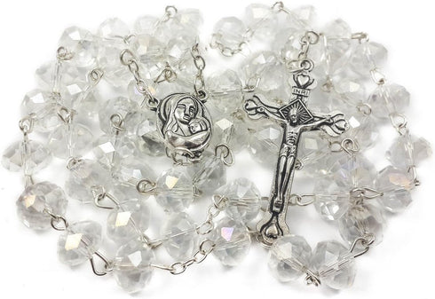 Nazareth Store White Clear Crystal Beads Rosary Prayer Beaded Necklace with Holy Soil Medal and Jesus Cross Communion Rosary...