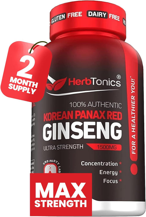 Herbtonics Korean Red Panax Ginseng 1500mg - Energy Supplement for Peak Performance, Focus & Vitality - High Potency Ginseng Root Extract - 120 Ve...