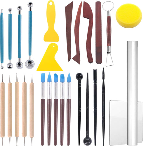 Glarks 28Pcs Carving Modeling Clay Sculpting Tools Set Including Plastic Modeling Tools, Dual-End Dotting Clay Tools, Ball Stylus, Silicone Tip Pe...