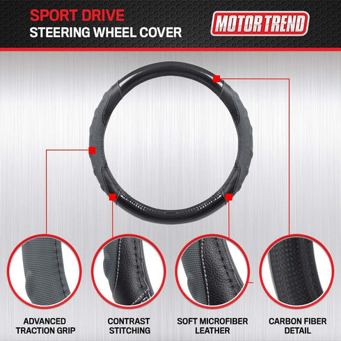 Motor Trend GripPlus Black Carbon Fiber Steering Wheel Cover, Standard 15 inch Size, Advanced Traction Grip, Car Steering Wheel Cover for Truck Va...