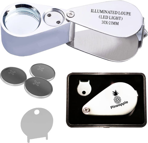 Pineapple 30X Jewelers Loupe Magnifier with Light, Jewelry Eye Loop Lighted Pocket Magnifying Glass for Coins, Diamonds, Gems, Plants (Metal)...