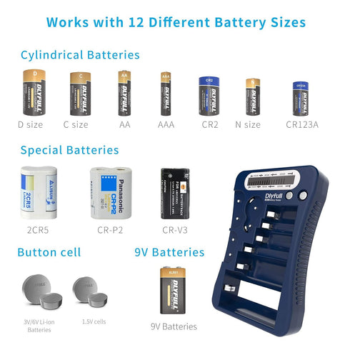 Battery Tester, Dlyfull LCD Display Universal Battery Checker for AA AAA C D 9V CR2032 CR123A CR2 CRV3 2CR5 CRP2 1.5V/3V Button Cell Batteries, 1x...