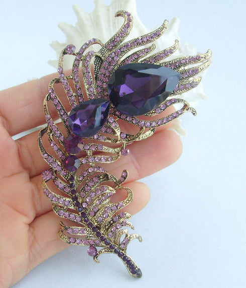 Zeepoffine 4.33" Rhinestone Crystal Peacock Feather Brooch Pin Pendant BZ5038 (Gold-Tone Purple)...