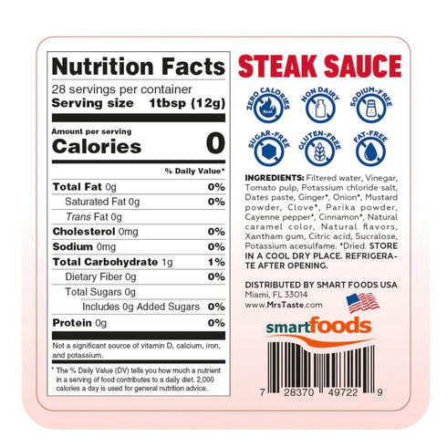 Mrs Taste Sugar Free Steak Sauce, Zero Calories, Zero Sodium, Zero Sugar, High Fiber, Keto Friendly, Paleo Friendly, Condiments and Sauces (11.85o...