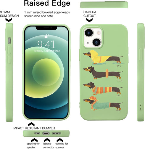 Idocolors Cute Dachshund Dog Phone Case Compatible with iPhone 13 Mini,Green Liquid Silicone Lovely Printted Case,Soft Gel Rubber Full-Body Protec...