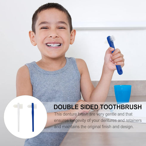 Healifty Denture Brush False Teeth Cleaning Tool Double Sided Toothbrush Denture Cleaning Brush 2pcs (White+Blue)...