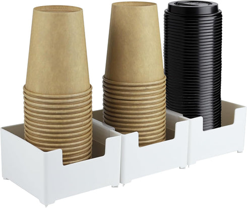 Paper Cup and Lid Holder, 3 Compartments Plastic Coffee Cup Storage Organizer, Wall Mount Disposable Cup Dispenser for Countertop, Breakroom, Bath...