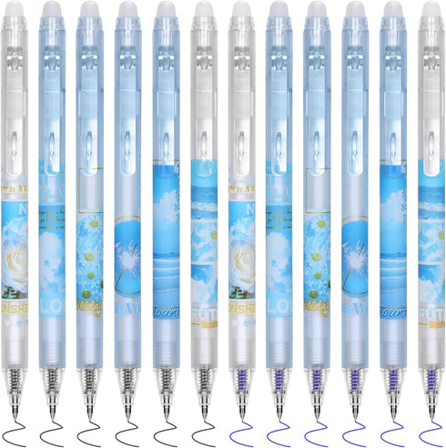 12Pcs Cute Erasable Gel Pens, Make Mistakes Disappear, 0.5mm Fine Point Smooth Writing for Planner Puzzles, Blue and Black Ink No Smudge for Schoo...