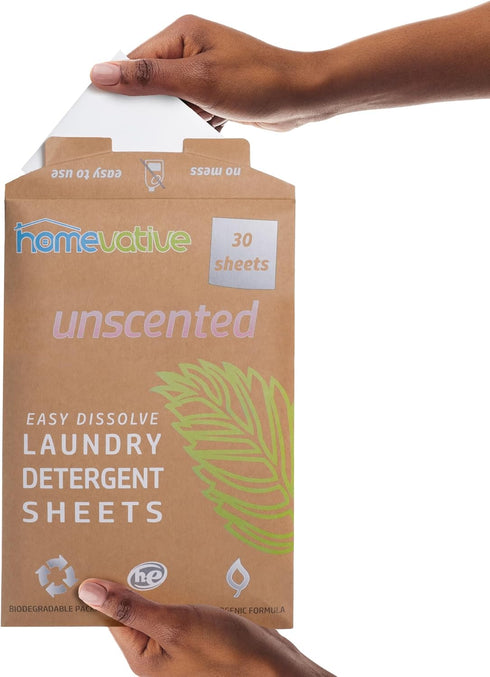 Homevative Laundry Detergent Sheets, 30 Sheets, Up to 60 Loads, Easy Dissolve, Unscented, Eco package, HE Compatible, Septic friendly, Great for t...