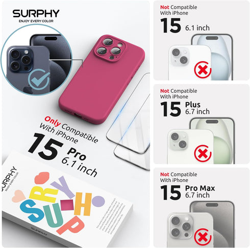 SURPHY Designed for iPhone 15 Pro Case Compatible with MagSafe (6.1 inch 2023), with 2 Pack Screen Protector, Liquid Silicone Phone Case (Camera P...