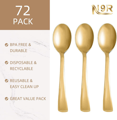 N9R 72Pcs Gold Plastic Spoons - Solid, Durable, Heavy Duty Gold Plastic Silverware - Disposable Cutlery for Parties, Weddings and Dinner...
