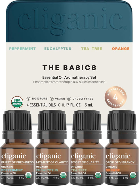 Cliganic Organic Essential Oils Gift Set (Top 4 - The Basics), 100% Pure Natural Aromatherapy - Peppermint, Eucalyptus, Tea Tree & Orange...