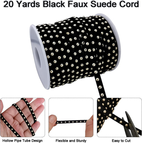 20 Yards Black Studded Faux Suede Cord Lace 5mm Flat Faux Leather Strip Ribbon with Aluminum Rivets Micro Fiber Braiding Leather String for DIY Je...