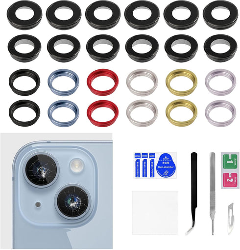 6 Sets for iPhone 14 Blue Back Camera Lens Cover Replacement for iPhone 14 Plus Purple Yellow Midnight Starlight Red Rear Camera Lens Metal Frame ...