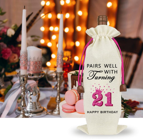 Raisingwell 21st Birthday Wine Bag, Funny Birthday Gifts for Her Him, Wine Champagne Gift Bag With Drawstring, Birthday Party Decorations For Wome...
