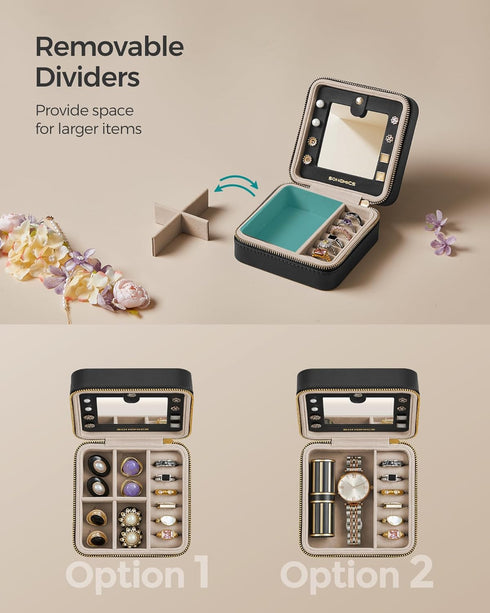 SONGMICS Jewelry Box, 4.5 x 4.5 x 2.2 Inches Travel Jewelry Box with Interior Mirror, PU Leather Jewelry Storage for Women, Small Jewelry Organize...