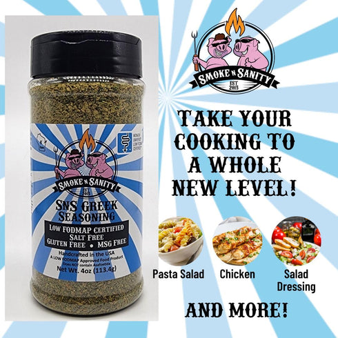 Smoke n Sanity SnS Greek Seasoning - Monash Certified Low FODMAP - Salt Free - Gluten Free - Certified Kosher - Dairy Free - Low FODMAP Food - Veg...