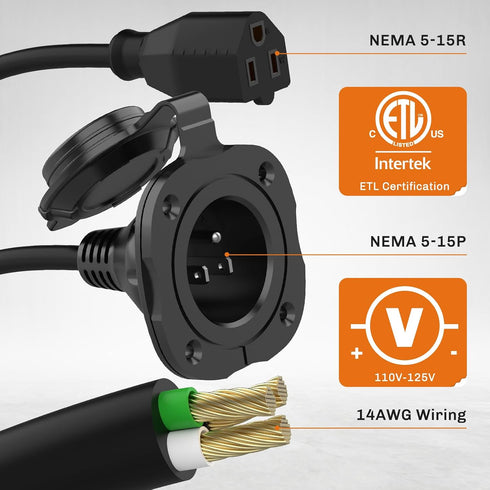 WELLUCK 15 Amp 125V AC Power Inlet Port Plug with Integrated 18" Extension Cord, NEMA 5-15 RV Flanged Inlet with Waterproof & Back Cover, 2 Pole 3...