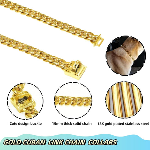 Chain Collars for Large Medium Small Dogs Heavy Duty 15MM Stainless Steel Silver/Gold Cuban Link Collars with Cute Design Secure Buckle,Training W...