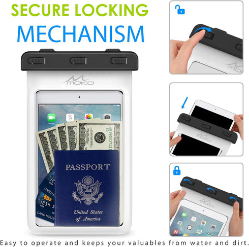 MoKo Universal Waterproof Case, Dry Bag Pouch Compatible with iPad Mini 6/5/4/3/2, Samsung Tab 5/4/3, Galaxy Note 8, Tab S2/Tab E/Tab A 8.0, LG G ...